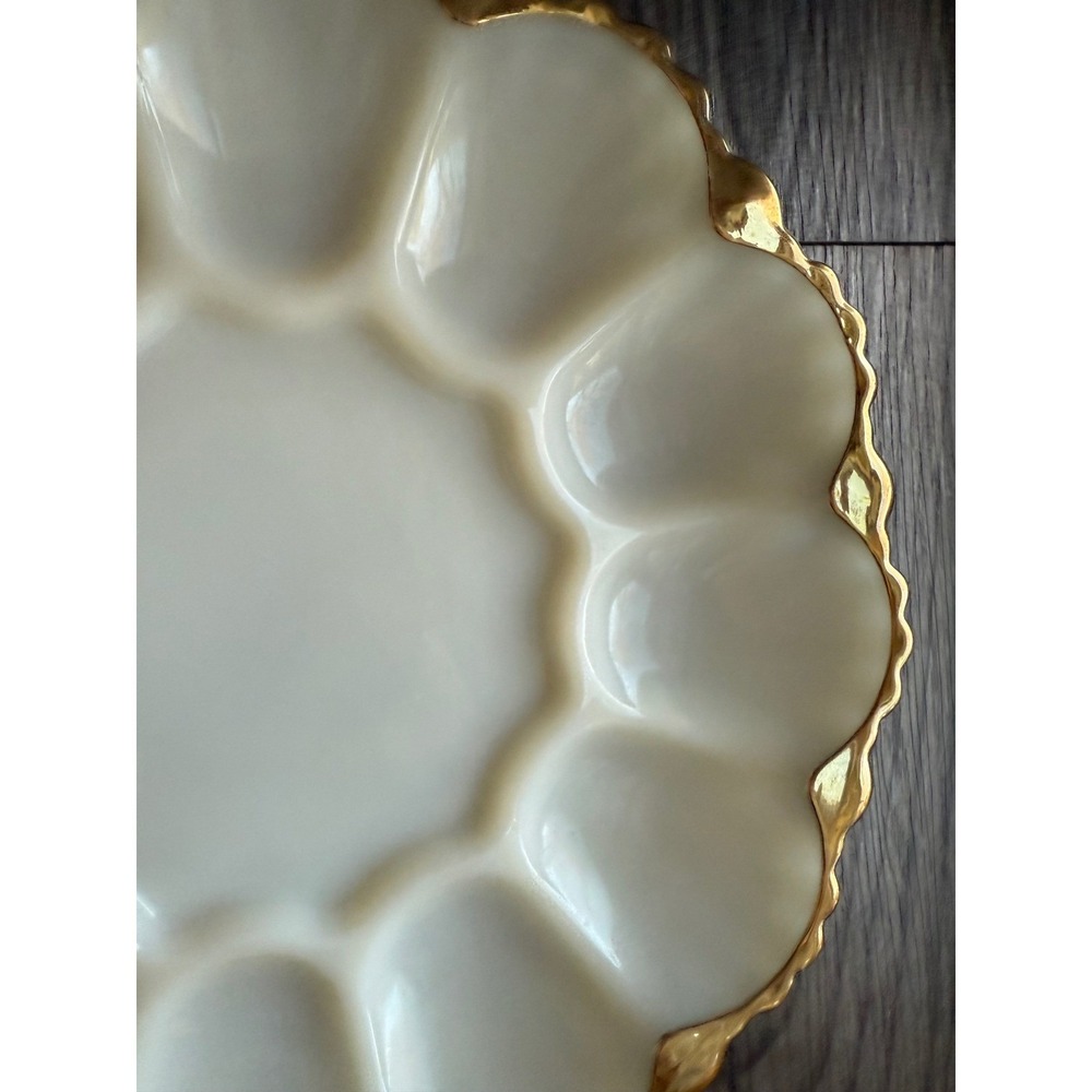 Vintage Milk Glass Egg Plate Gold Trimmed Scalloped Edge 12 Dessert Serving Dish - Picture 3 of 3